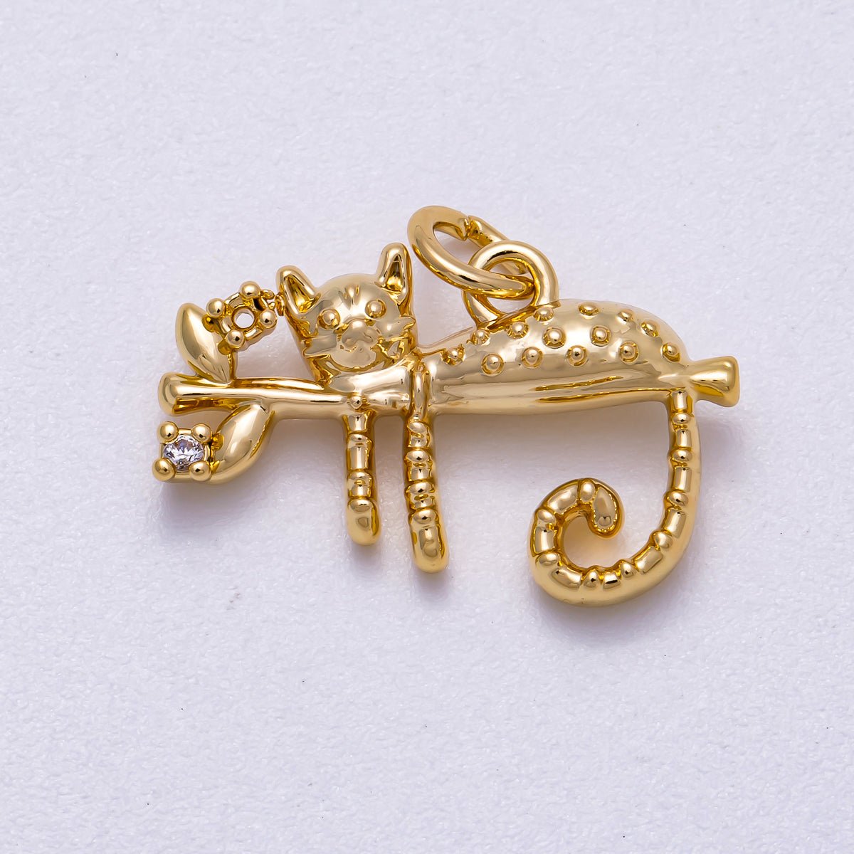 16K Gold Filled 14mm Clear CZ Tree Branch Cat Kitten Pet Animal Charm | Charms-00598