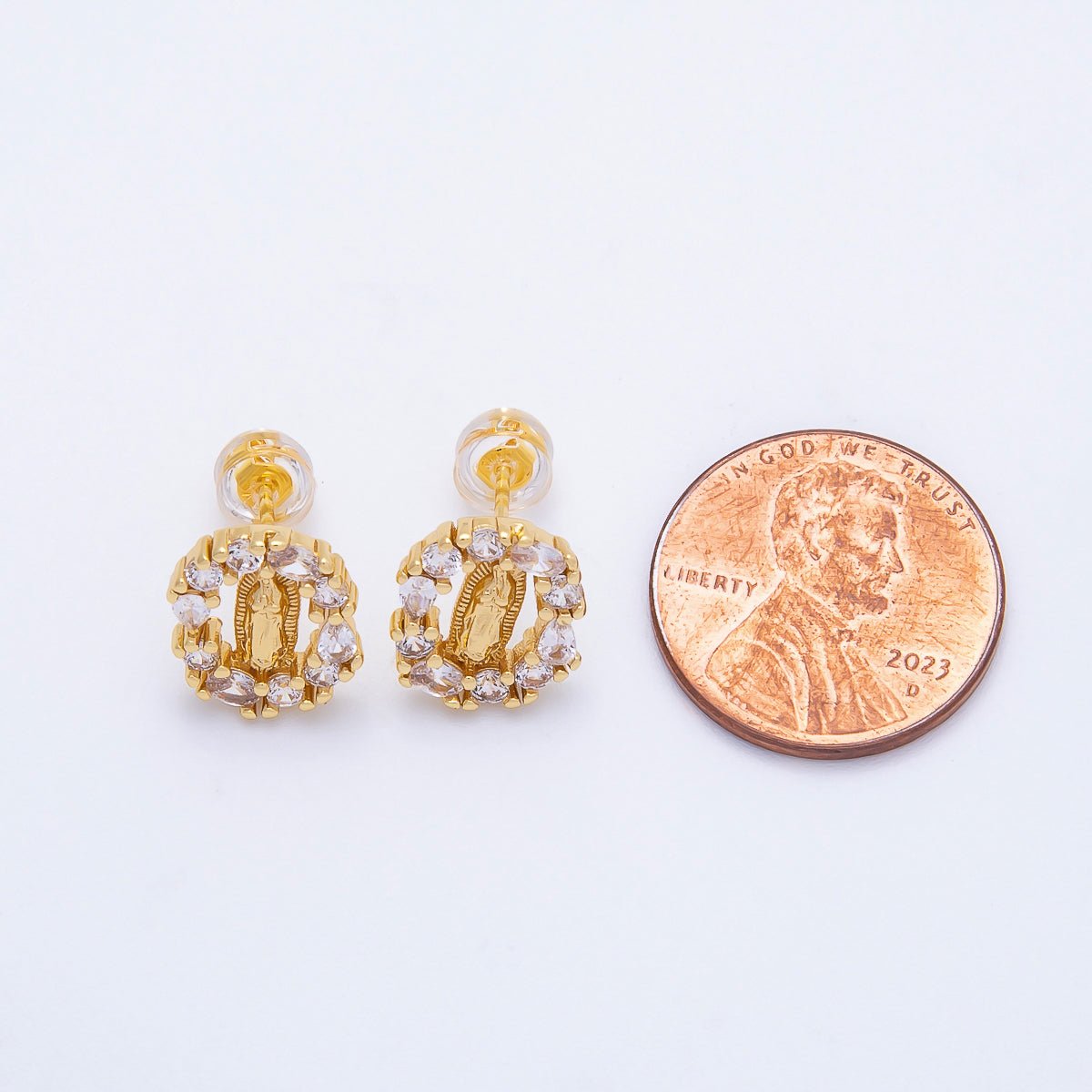 16K Gold Filled 14mm Lady Guadalupe Multi Cut CZ Open Oval Religious Stud Earrings | Earrings-00350