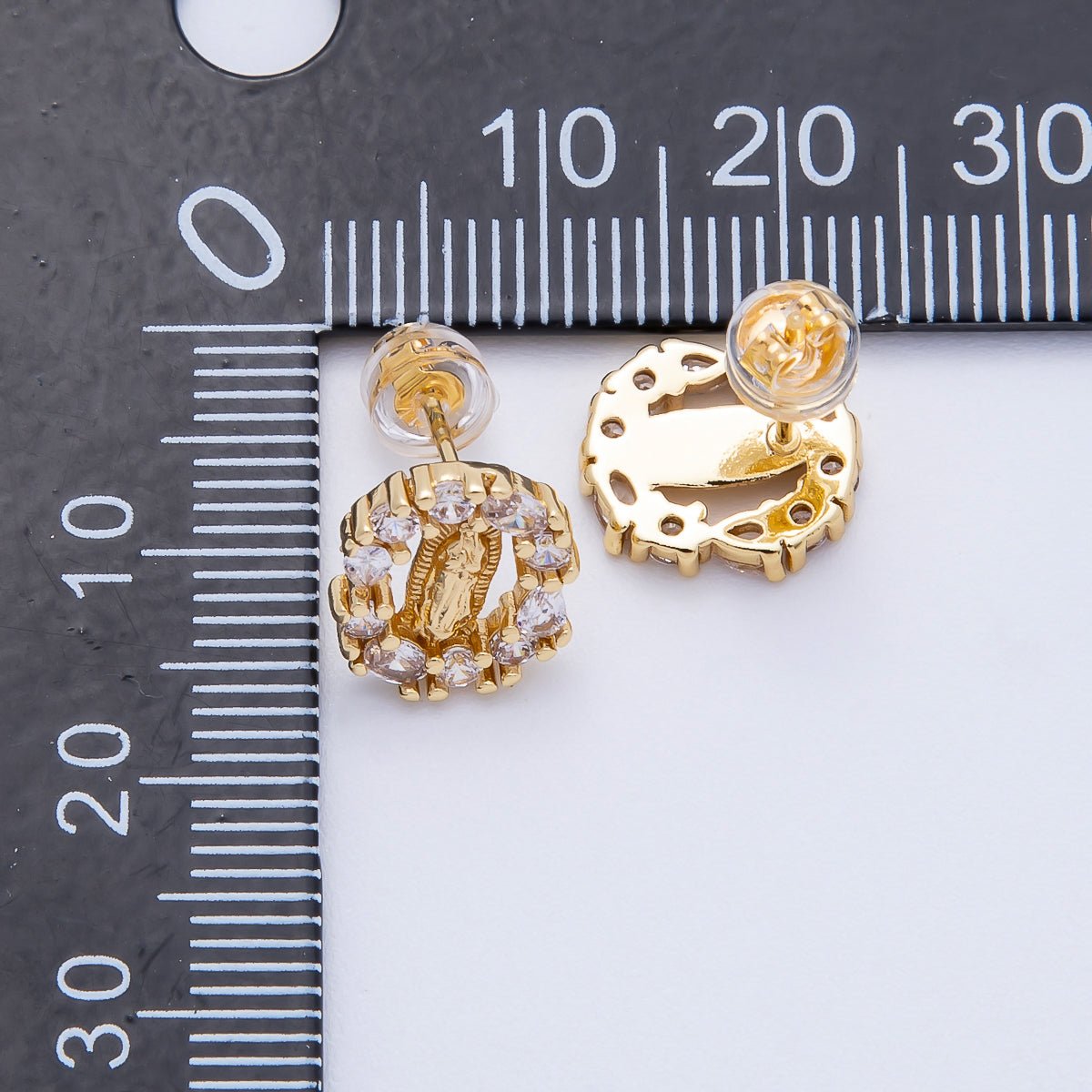 16K Gold Filled 14mm Lady Guadalupe Multi Cut CZ Open Oval Religious Stud Earrings | Earrings-00350