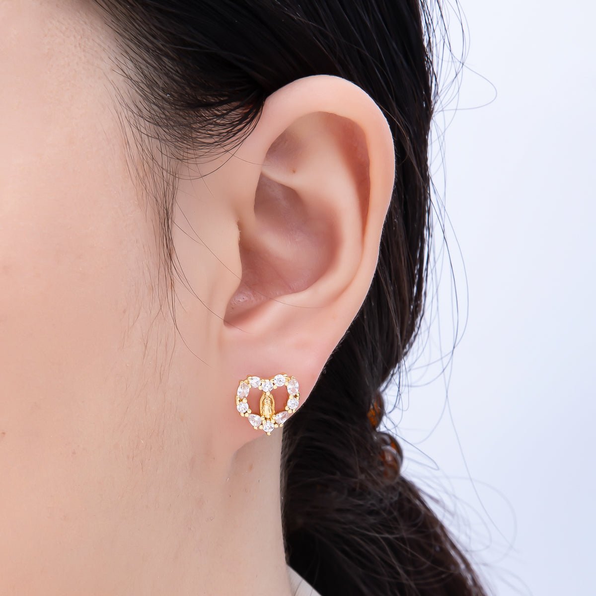 16K Gold Filled 14mm Micro Paved CZ Open Heart Religious Stud Earrings | Earrings-00349