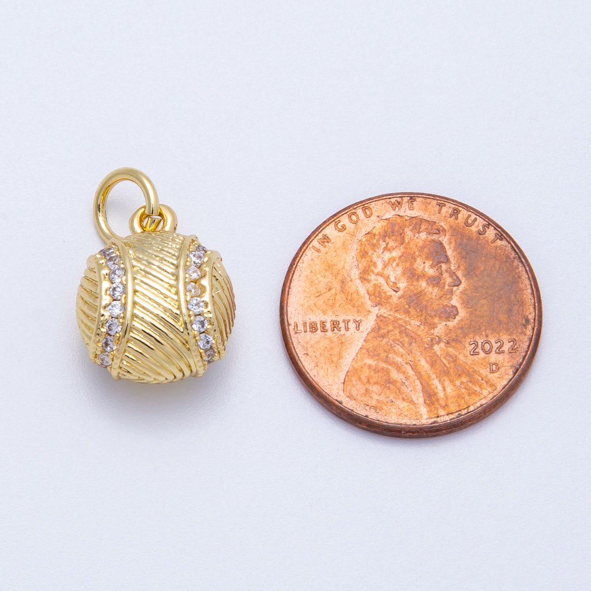 16K Gold Filled 14mm Micro Paved CZ Textured Baseball Sports Charm | Charms-00218