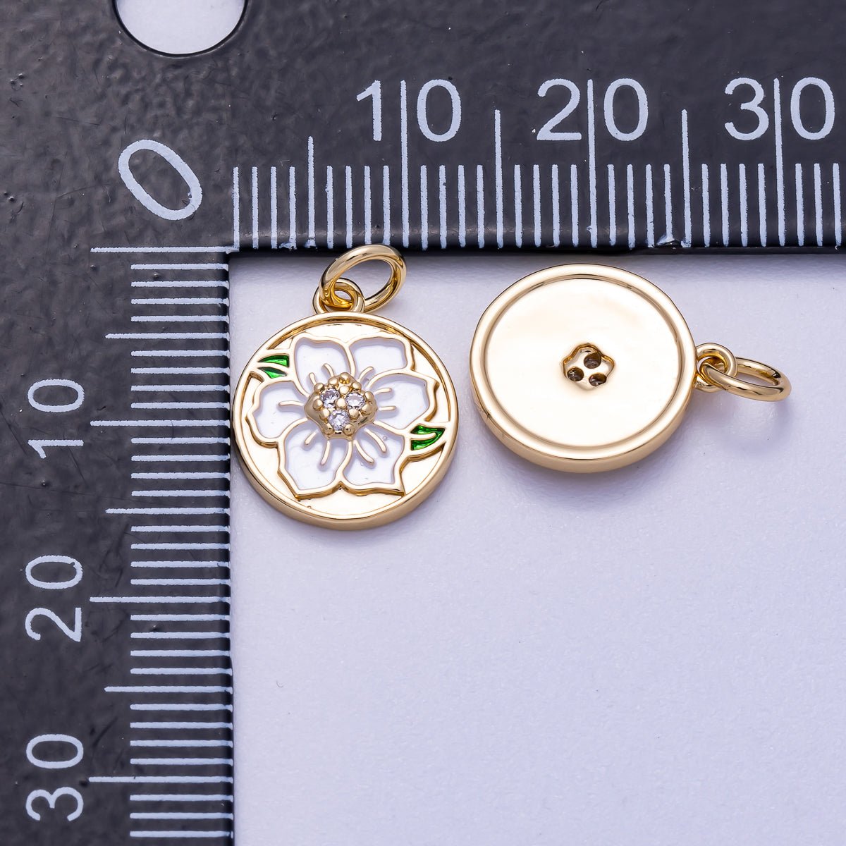 16K Gold Filled 14mm Micro Paved CZ White Enamel Lotus Flower Round Charm | Charms-00546
