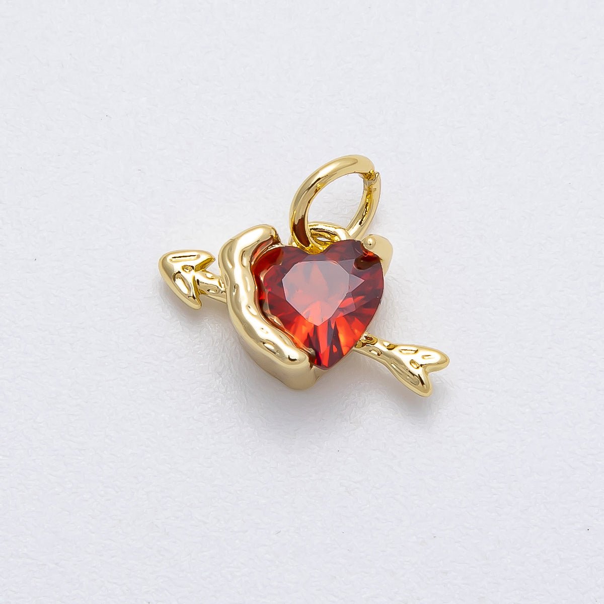 16K Gold Filled 14mm Red CZ Cupid Arrow Heart Mini Charm | Charms-00460