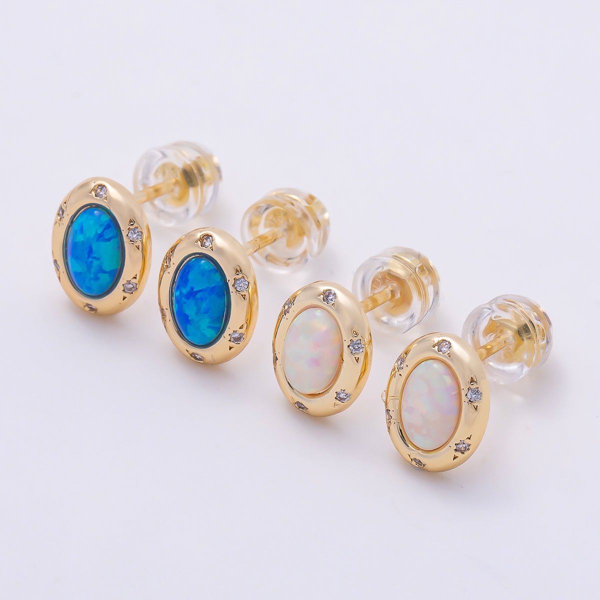 16K Gold Filled 14mm White, Blue Opal CZ Dotted Oval Bezel Stud Earrings | Earrings-00462- Earrings-00463