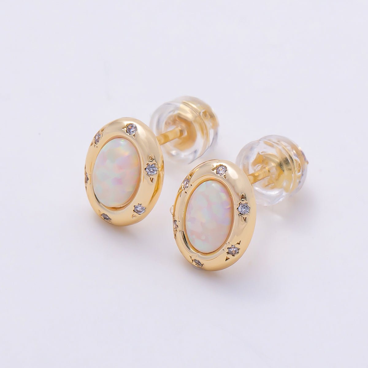 16K Gold Filled 14mm White, Blue Opal CZ Dotted Oval Bezel Stud Earrings | Earrings-00462- Earrings-00463