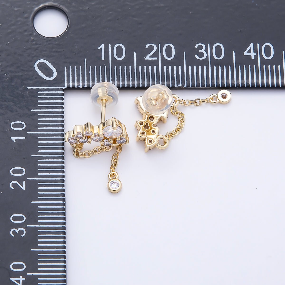 16K Gold Filled 15mm Clear CZ Round Cluster Chain Drop Stud | Earrings-00652
