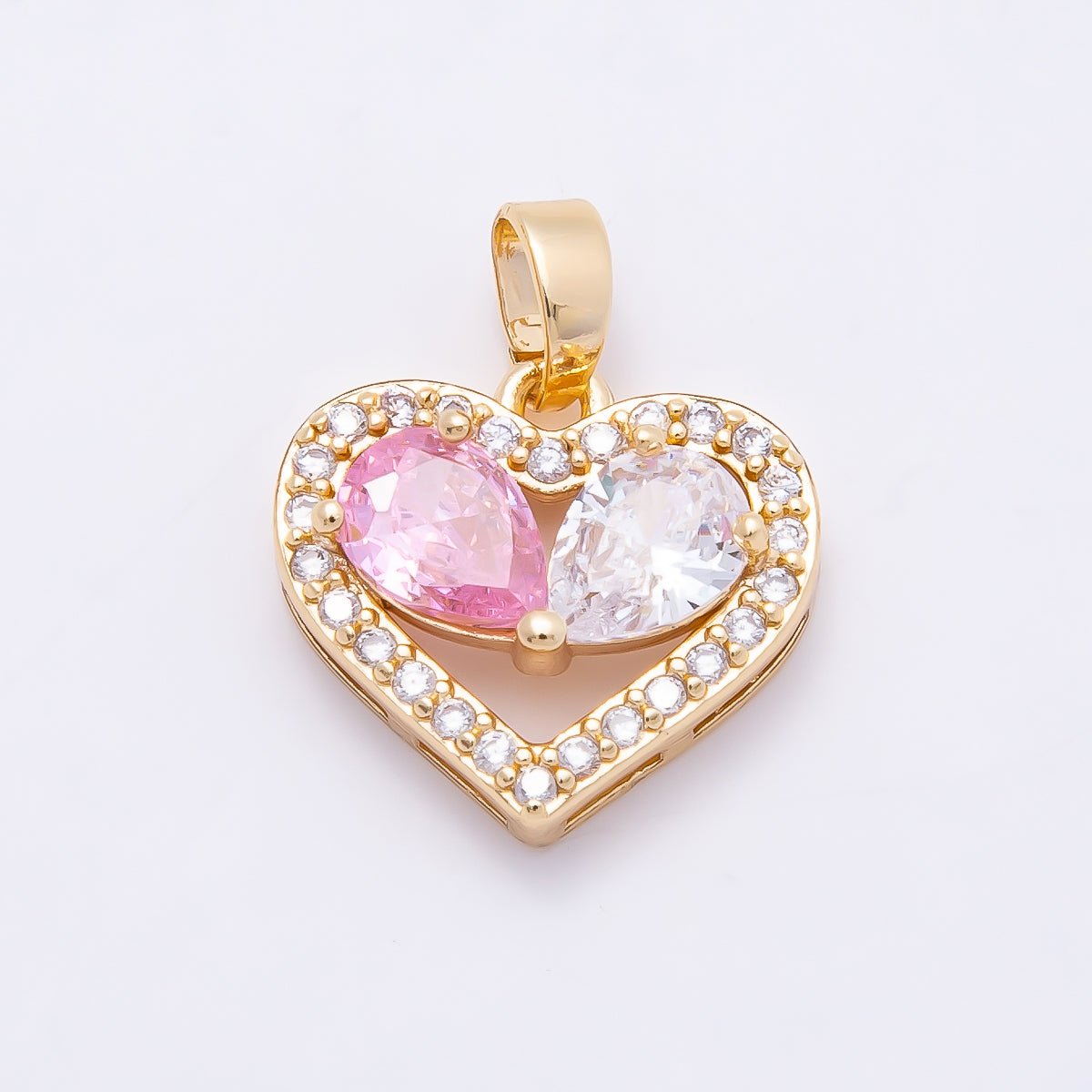 16K Gold Filled 15mm Pink Clear Micro Paved CZ Teardrop Open Heart Pendant | Charms-01043
