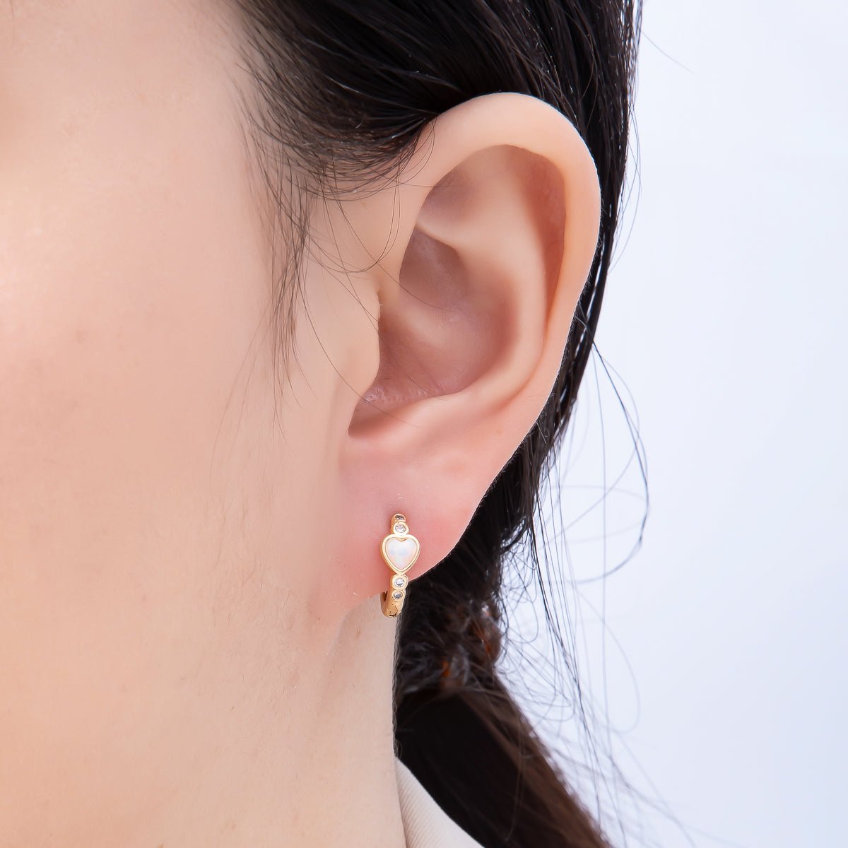 16K Gold Filled 15mm White Opal Clear CZ Dotted Heart Cartilage Huggie Earrings | Earrings-00427