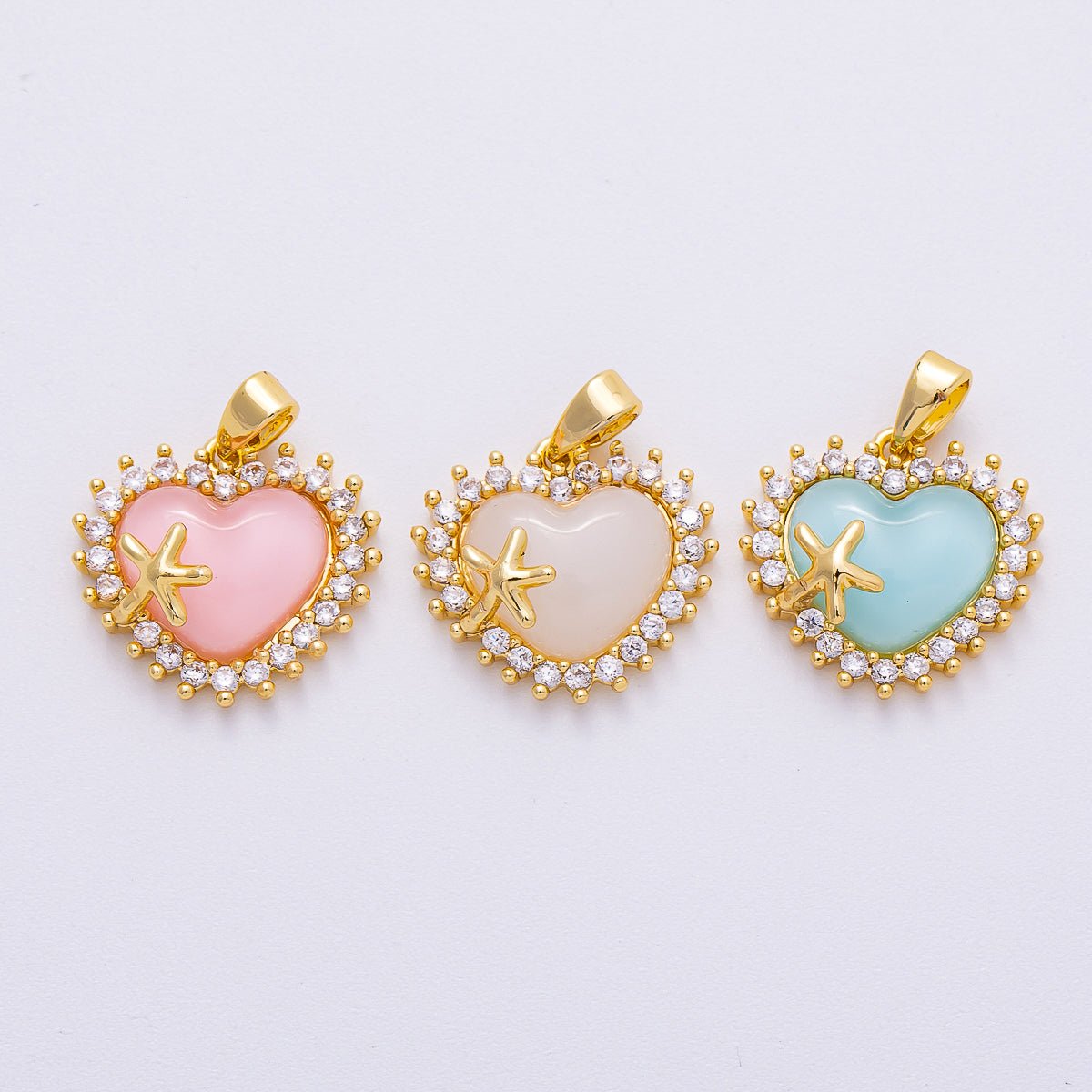 16K Gold Filled 15mm White, Pink, Blue Opal Micro Paved CZ Starfish Heart Pendant | Charms-00483 ~ Charms-00485
