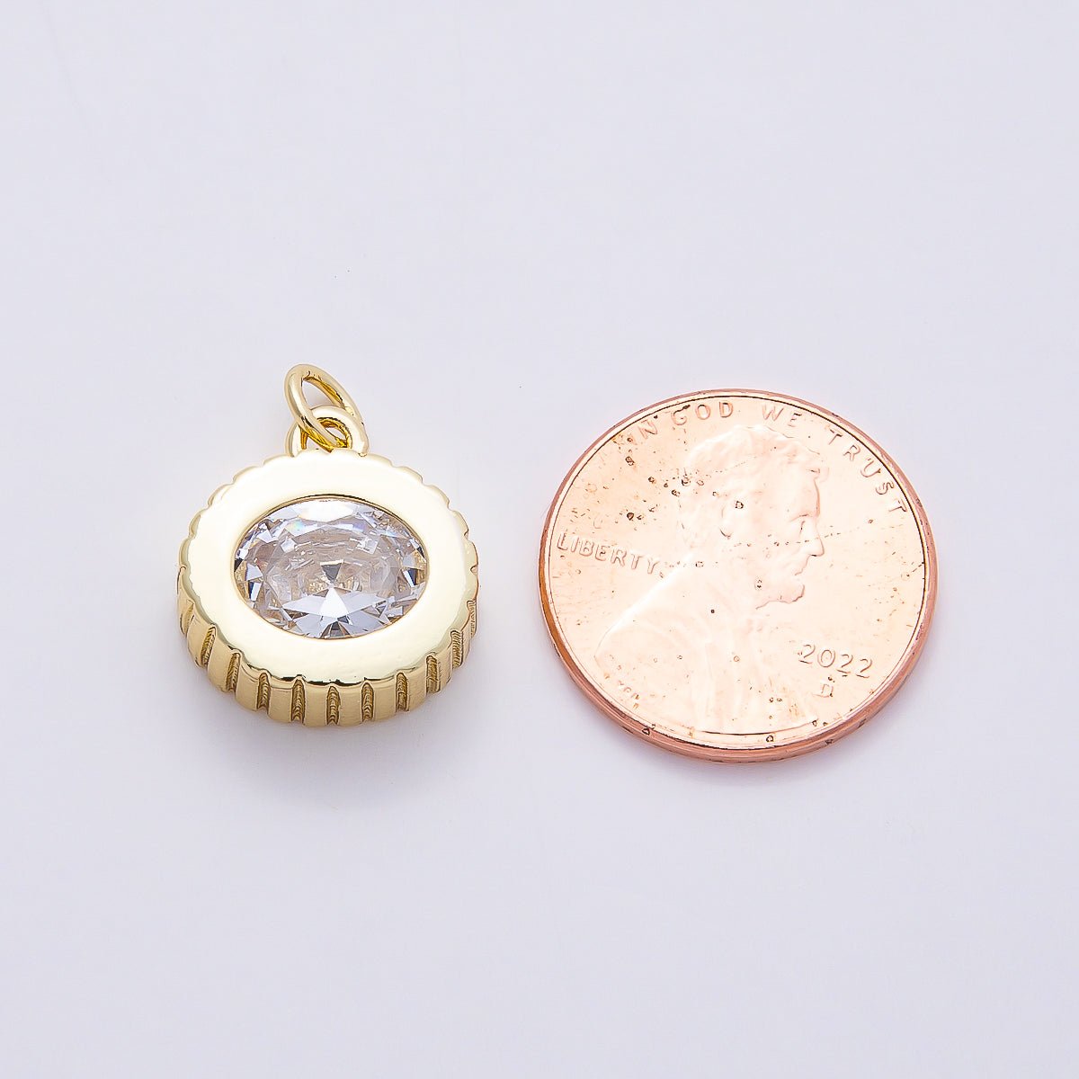 16K Gold Filled 16mm Clear CZ Ribbed Round Solitaire Charm | Charms-00758