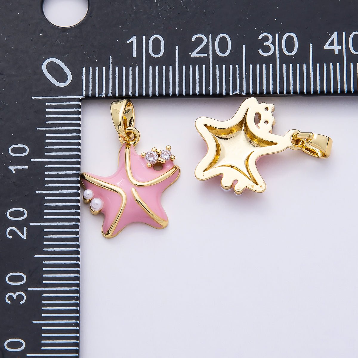 16K Gold Filled 16mm CZ Pink Enamel Shell Pearl Starfish Charm | Charms-00846