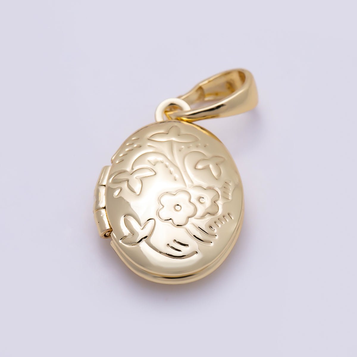 16K Gold Filled 16mm Flower Engraved Oval Locket Pendant | Charms-01382
