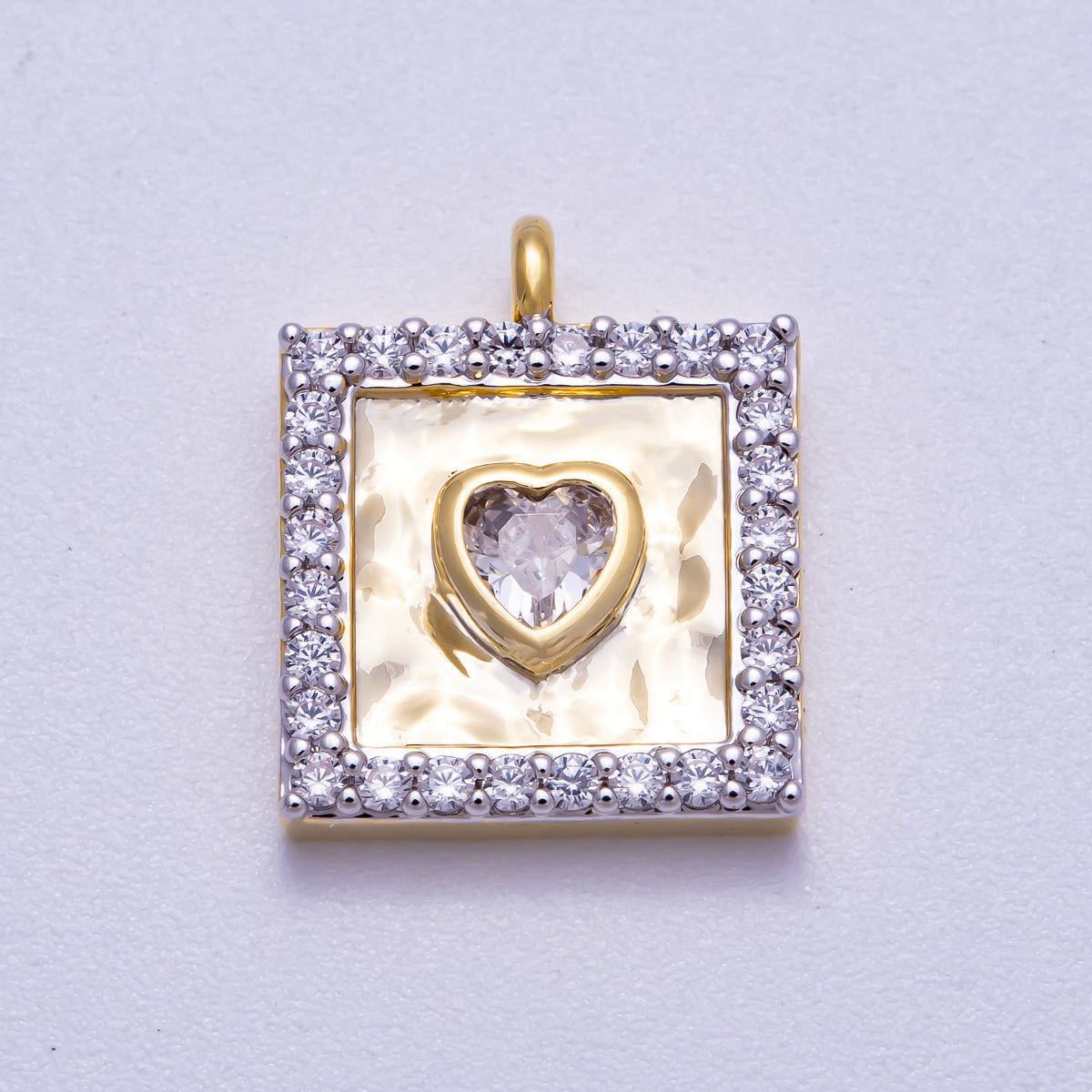16K Gold Filled 16mm Micro Paved CZ Heart Bezel Hammered Square Charm | Charms-00573