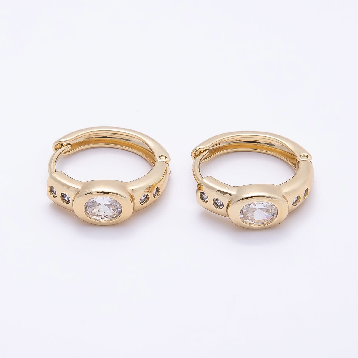 16K Gold Filled 17mm Clear CZ Oval Dotted Huggie Earrings | Earrings-00412