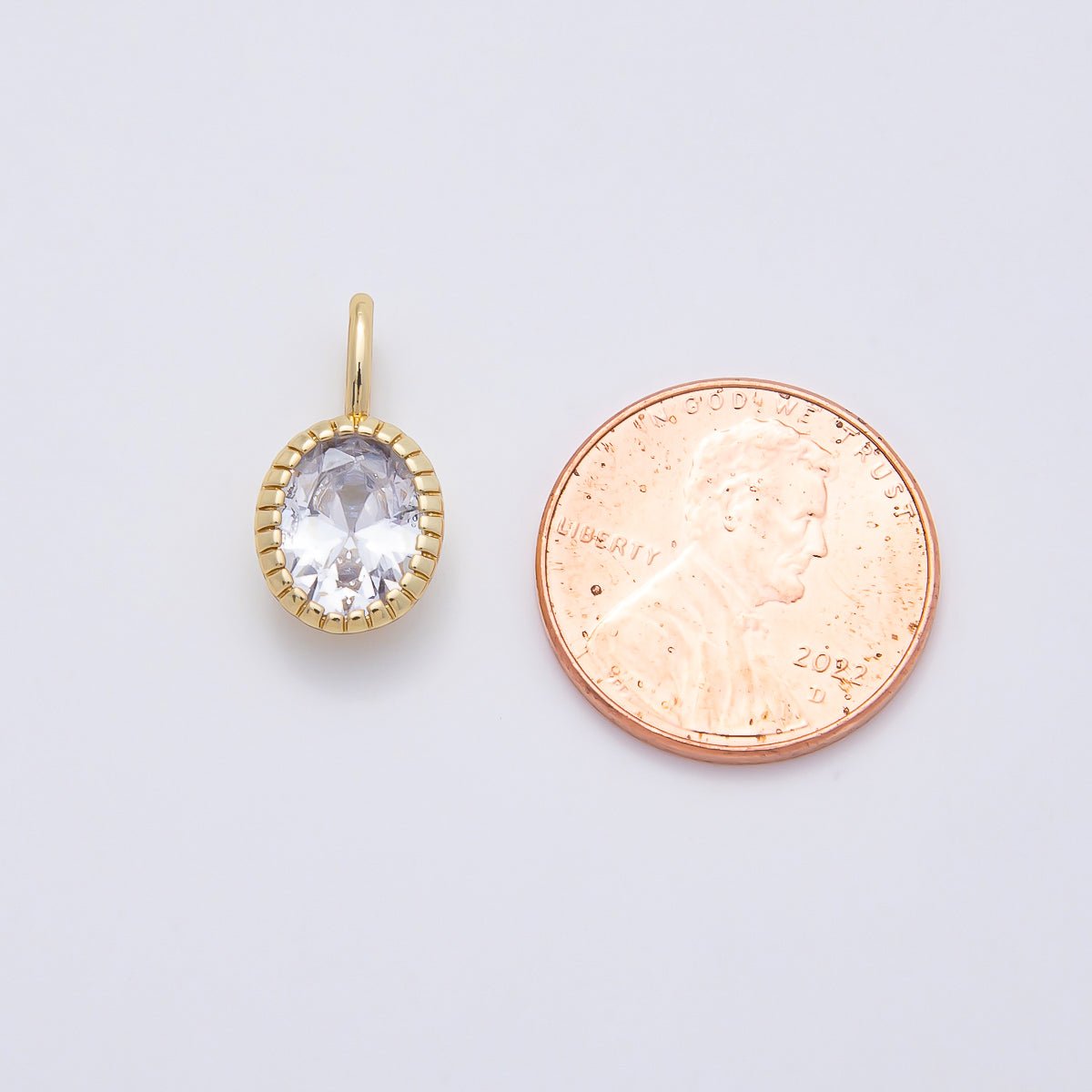 16K Gold Filled 17mm Clear Oval CZ Ribbed Bezel Mini Pendant | Charms-01102