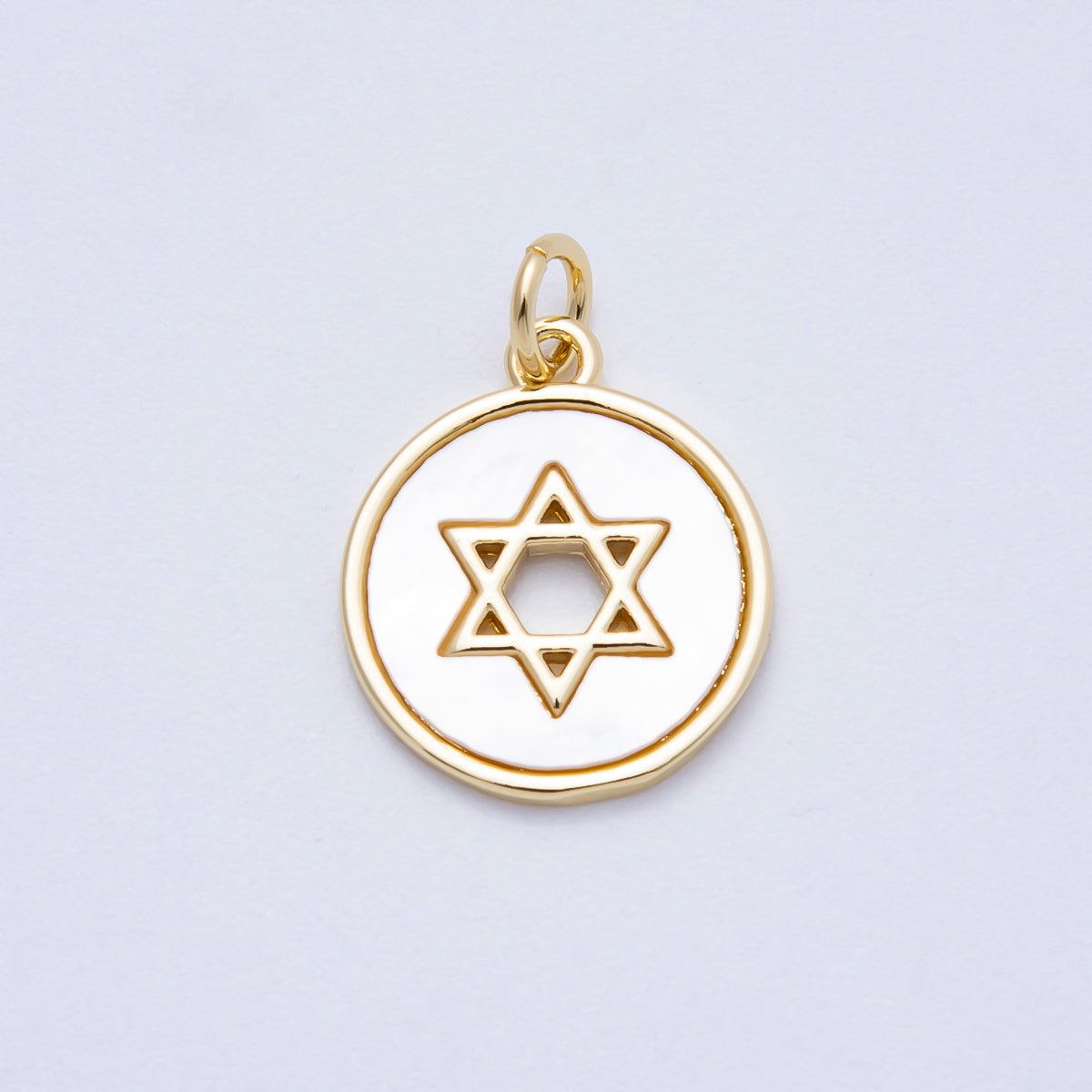 16K Gold Filled 17mm Open Star of David Shell Pearl Round Charm | Charms-00663