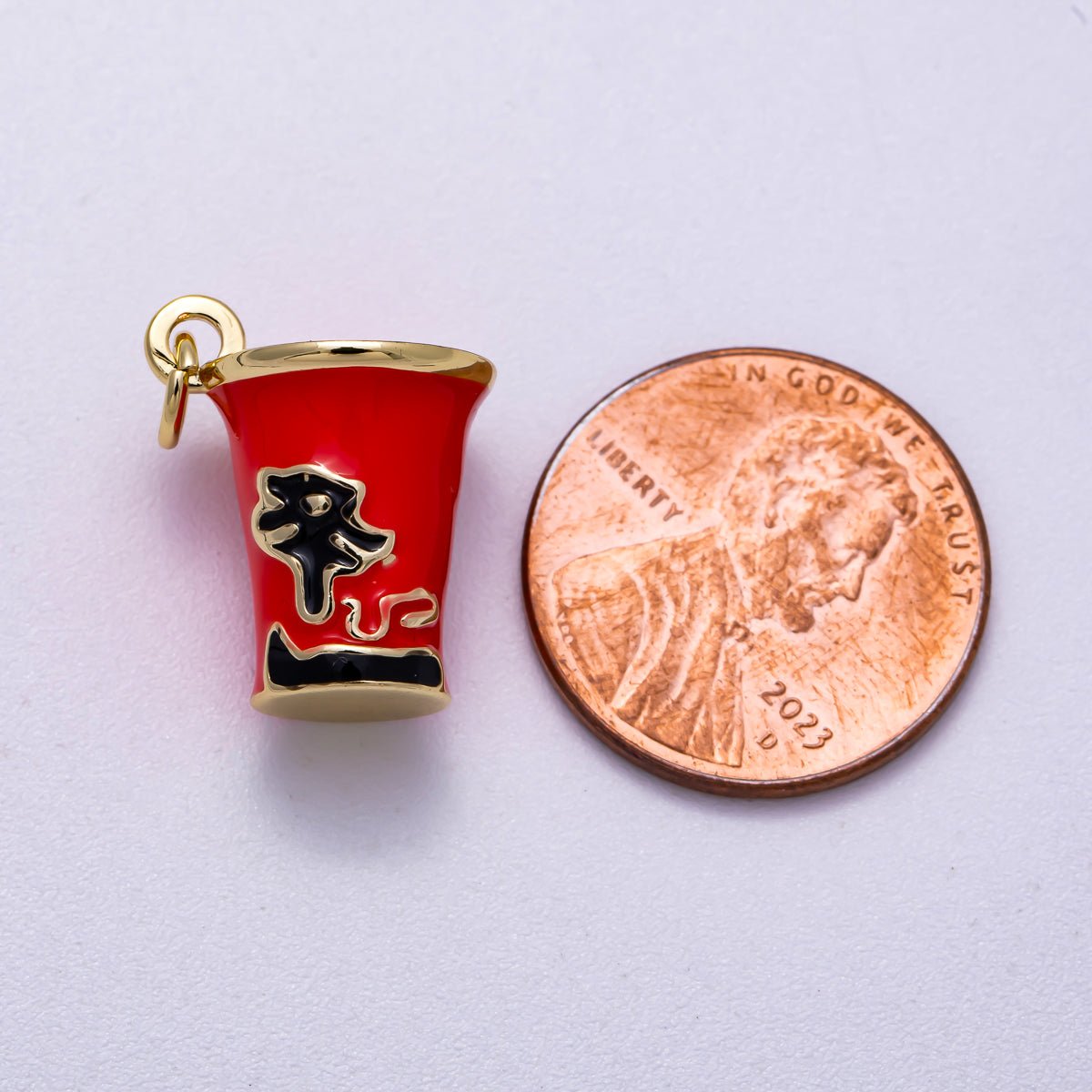 16K Gold Filled 17mm Red Enamel Ramen Instant Noodle Cup 3D Multidimensional Charm | Charms-00569
