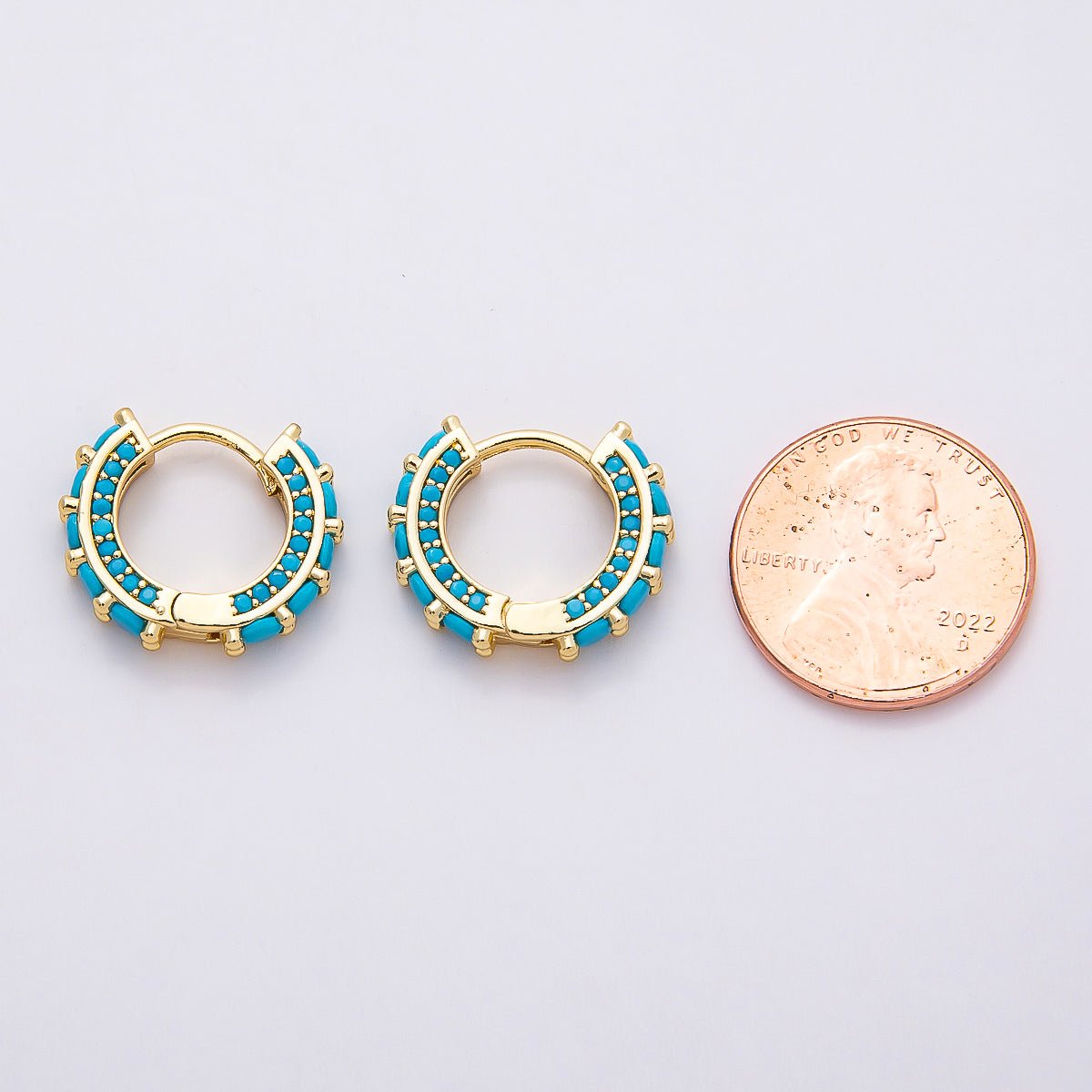 16K Gold Filled 15mm Turquoise Micro Paved Round Huggie Earrings | Earrings-00367