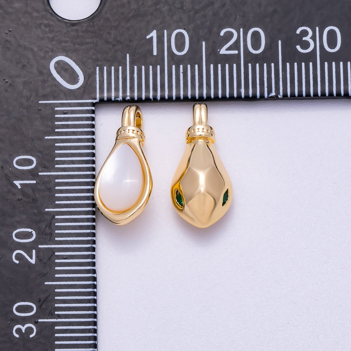 16K Gold Filled 17mm White Shell Pearl Teardrop Bezel Charm Snake Pendant | Charms-00638
