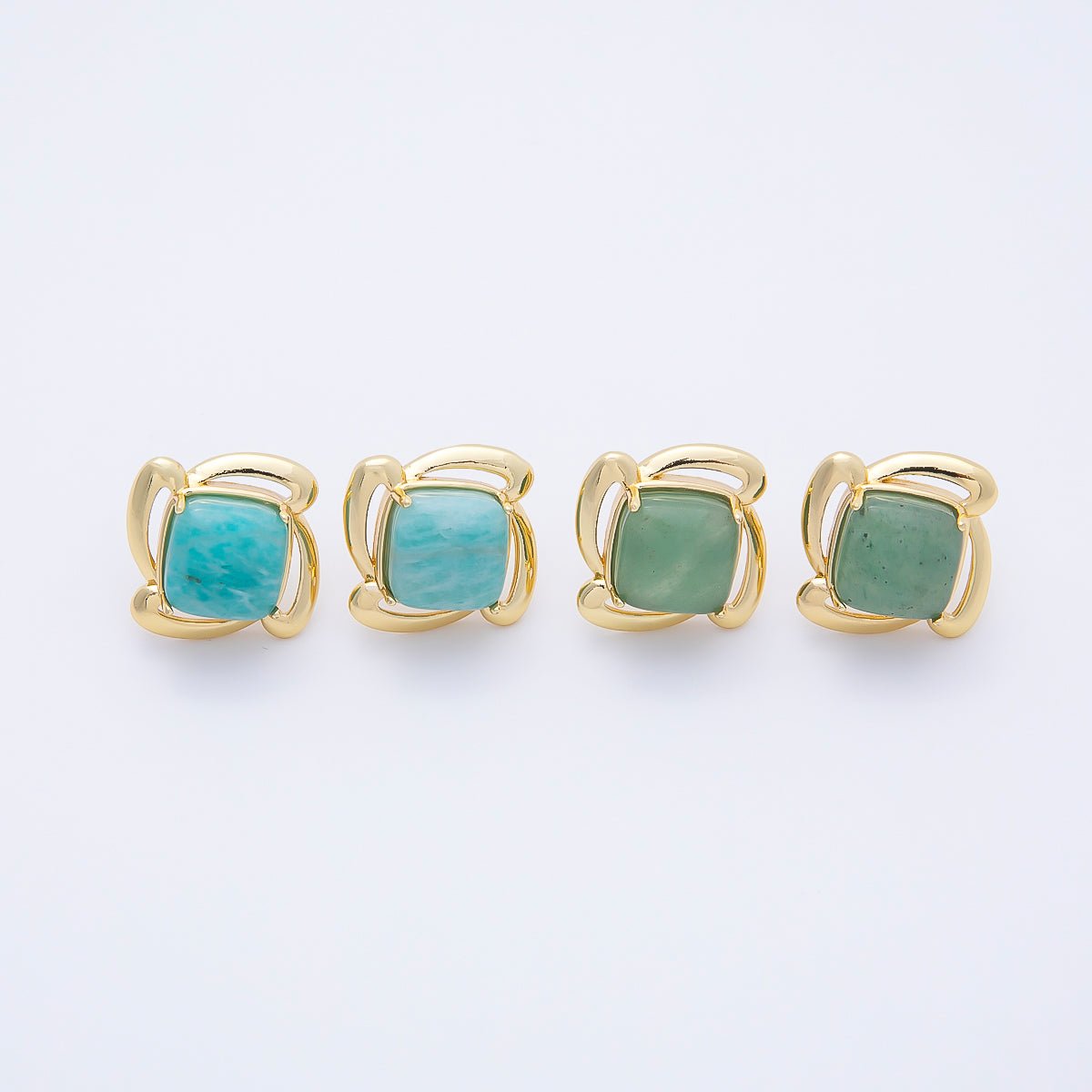 16K Gold Filled 18mm Green Aventurine Gemstone Flower Geometric Circular Stud Earrings | Earrings-00347