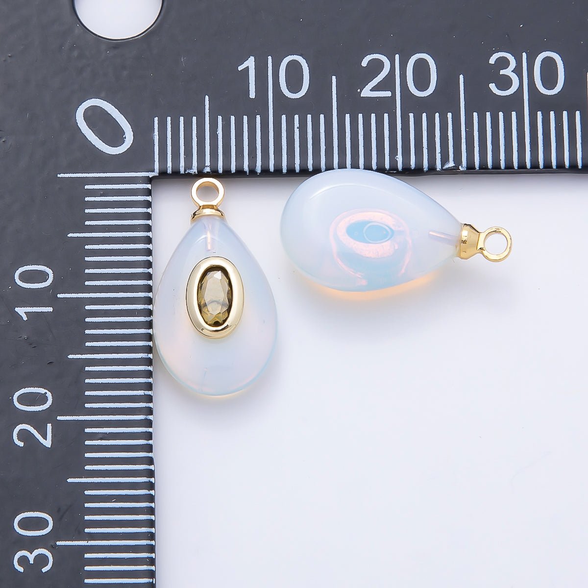 16K Gold Filled 18mm Green CZ Embedded White Opal Gemstone Teardrop Charm | Charms-01204