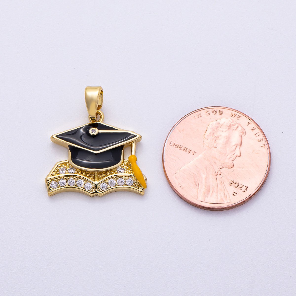 16K Gold Filled 18mm Micro Paved CZ Enamel Graduation Cap Pendant | Charms-00489