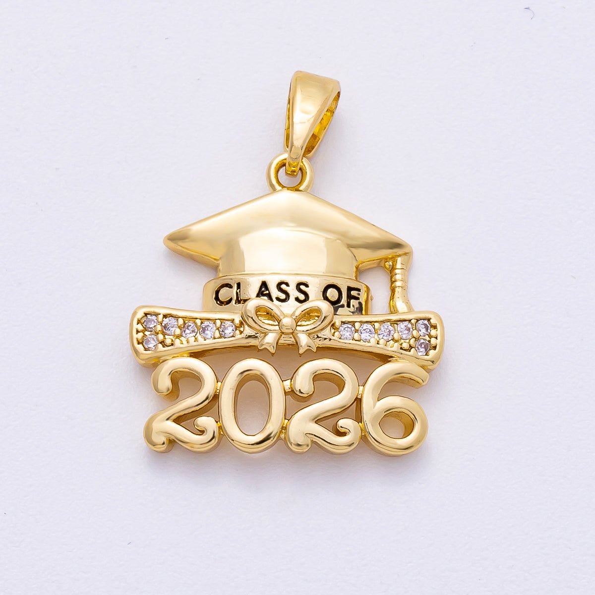 16K Gold Filled 18mm "2026" Micro Paved CZ Diploma Graduation Pendant in Gold & Silver | Charms-00487 Charms-00488