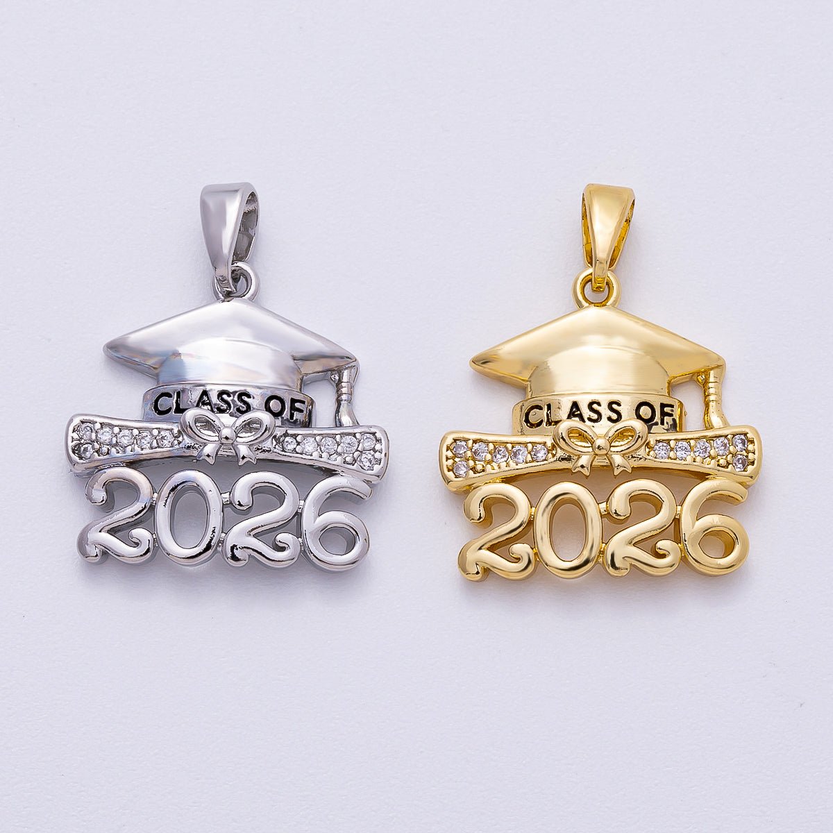 16K Gold Filled 18mm "2026" Micro Paved CZ Diploma Graduation Pendant in Gold & Silver | Charms-00487 Charms-00488