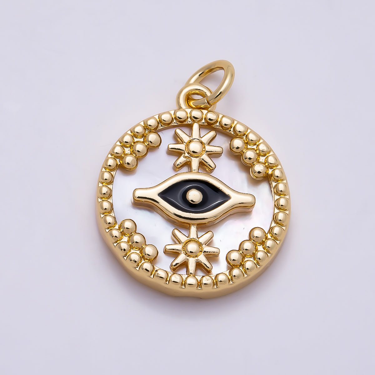 16K Gold Filled 18mm Black Evil Eye Star Shell Pearl Round Charm in Gold & Silver | Charms-01353