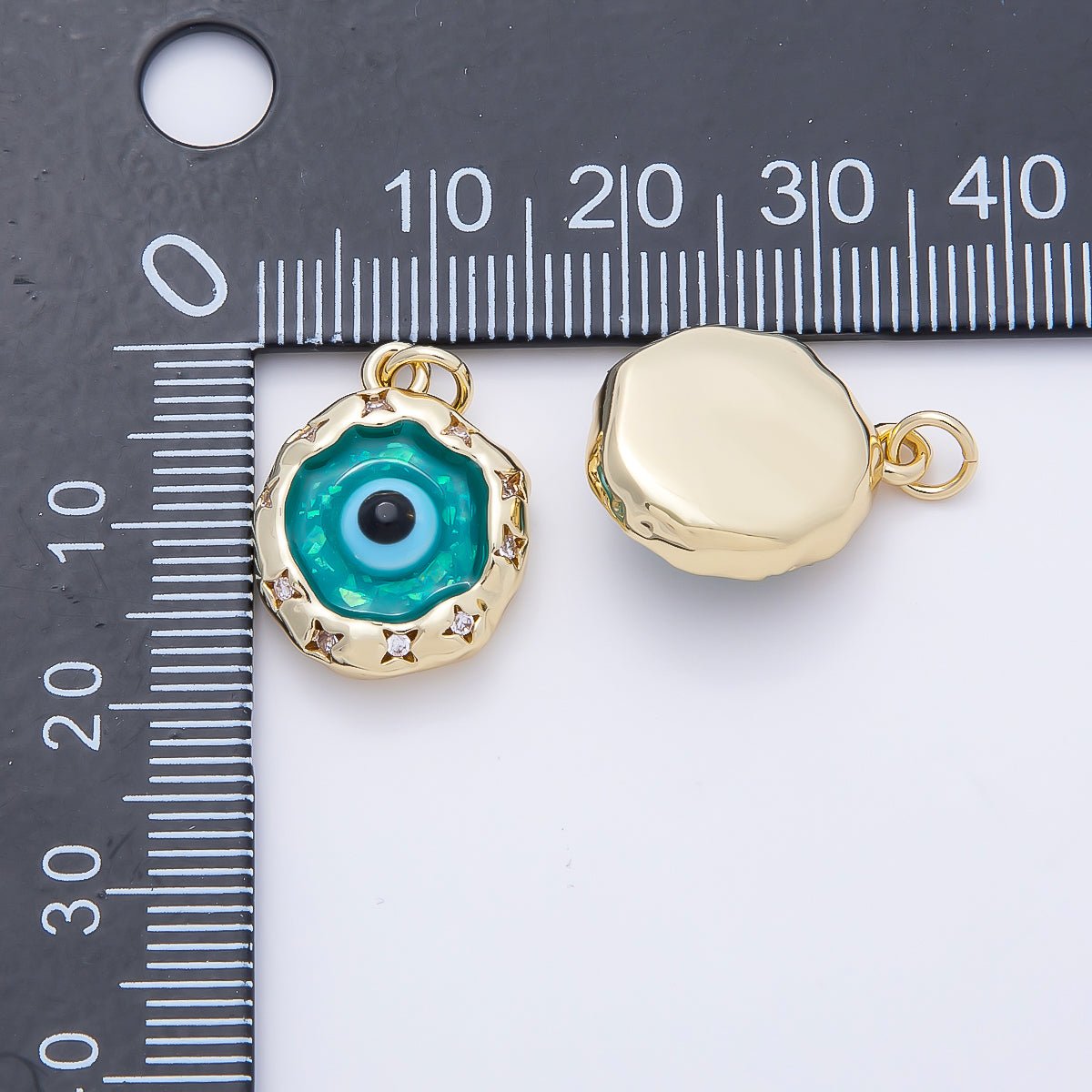 16K Gold Filled 18mm Teal Opal Clear CZ Star Dotted Molten Bezel Evil Eye Round Charm | Charms-01248