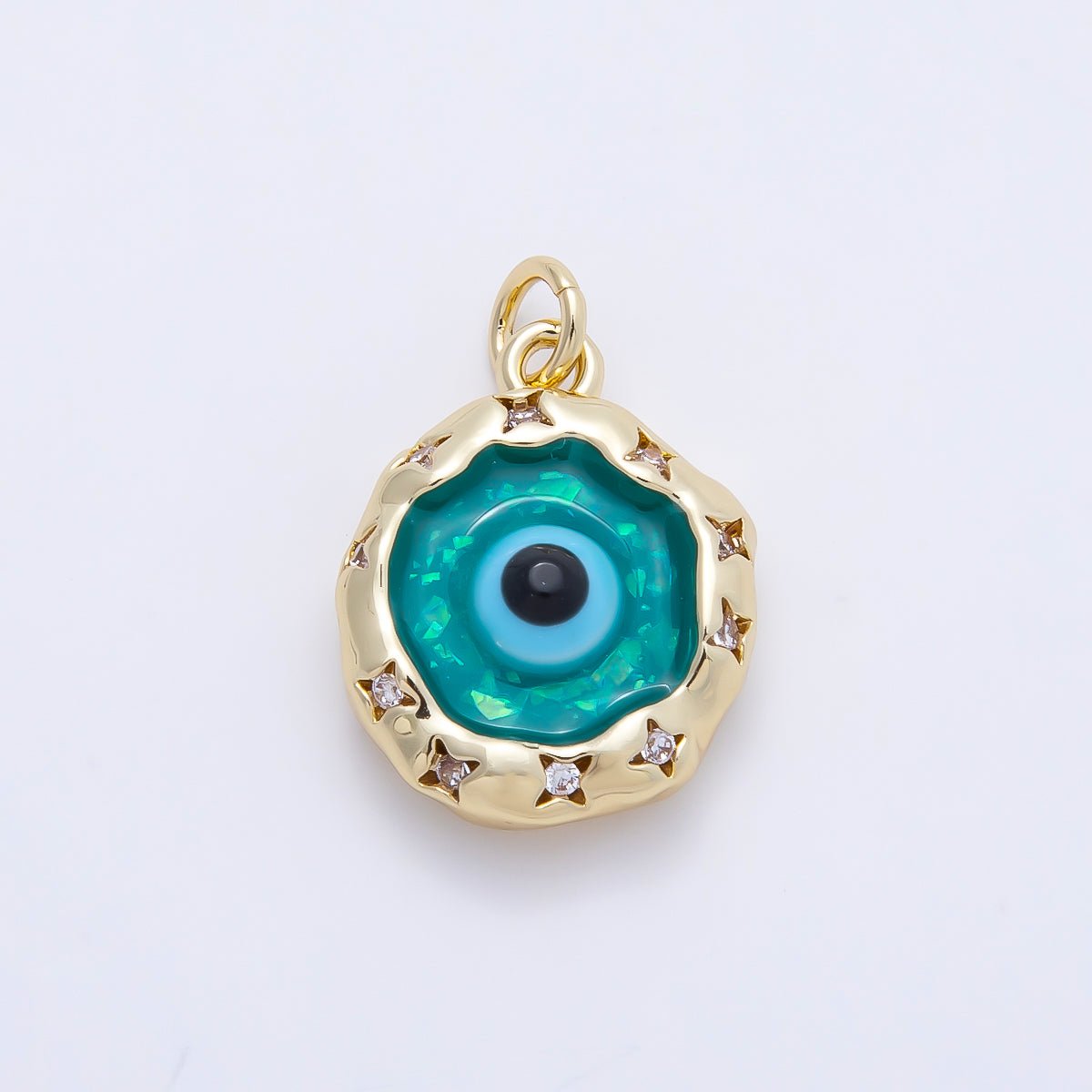 16K Gold Filled 18mm Teal Opal Clear CZ Star Dotted Molten Bezel Evil Eye Round Charm | Charms-01248