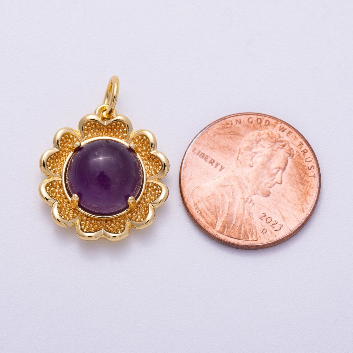 16K Gold Filled 19mm Amethyst, Carnelian Cabochon Gemstone Flower Charm | Charms-00608 Charms-00609