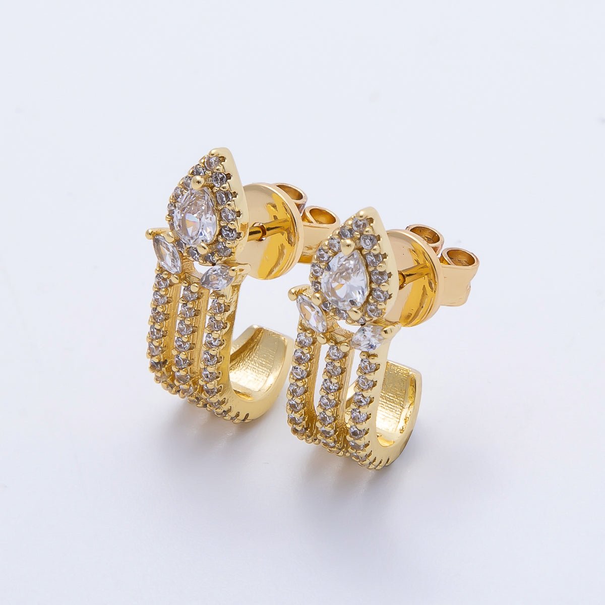 16K Gold Filled 19mm Micro Paved CZ Teardrop Claw J-Shaped Hoop Earrings | Earrings-00340