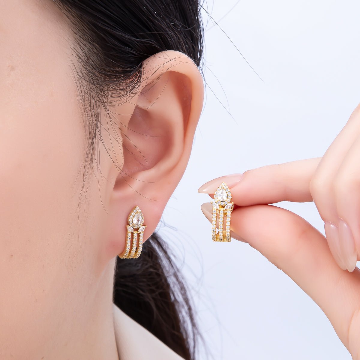 16K Gold Filled 19mm Micro Paved CZ Teardrop Claw J-Shaped Hoop Earrings | Earrings-00340