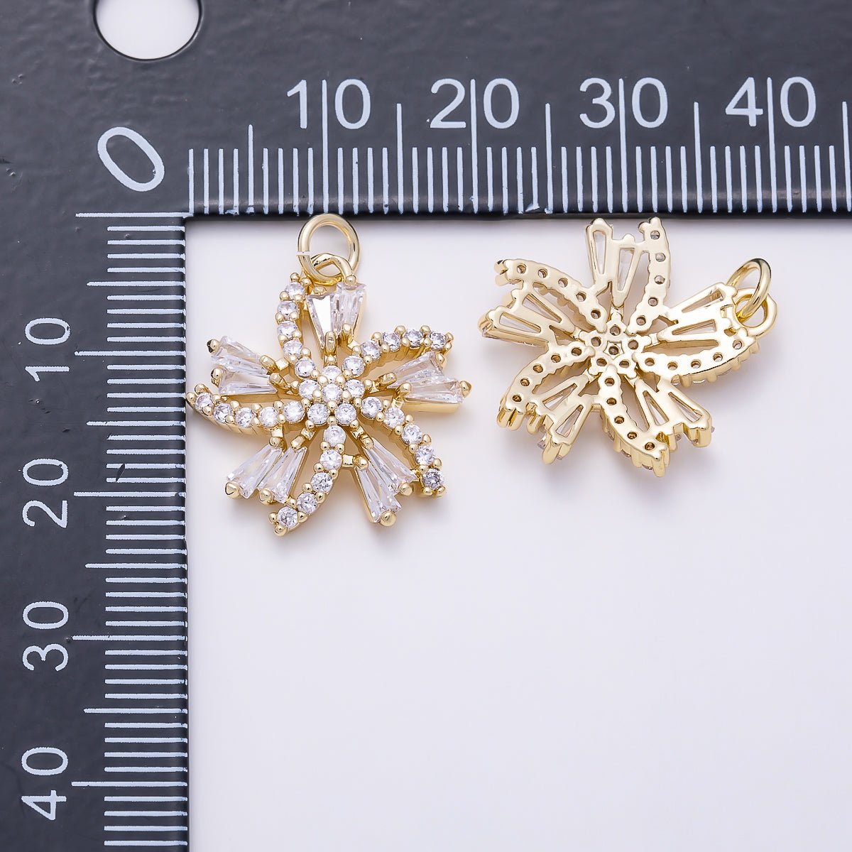 16K Gold Filled 20mm Baguette Micro Paved CZ Flower Swirl Charm | Charms-01547