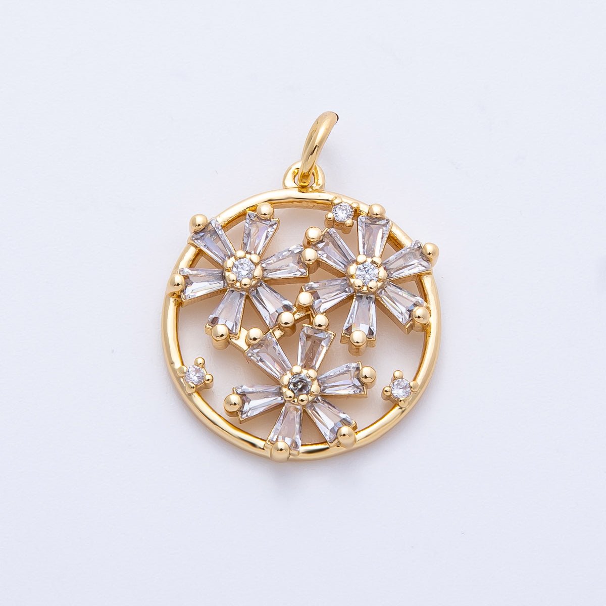 16K Gold Filled 20mm Clear CZ Baguette Triple Flower Open Round Charm | Charms-00392
