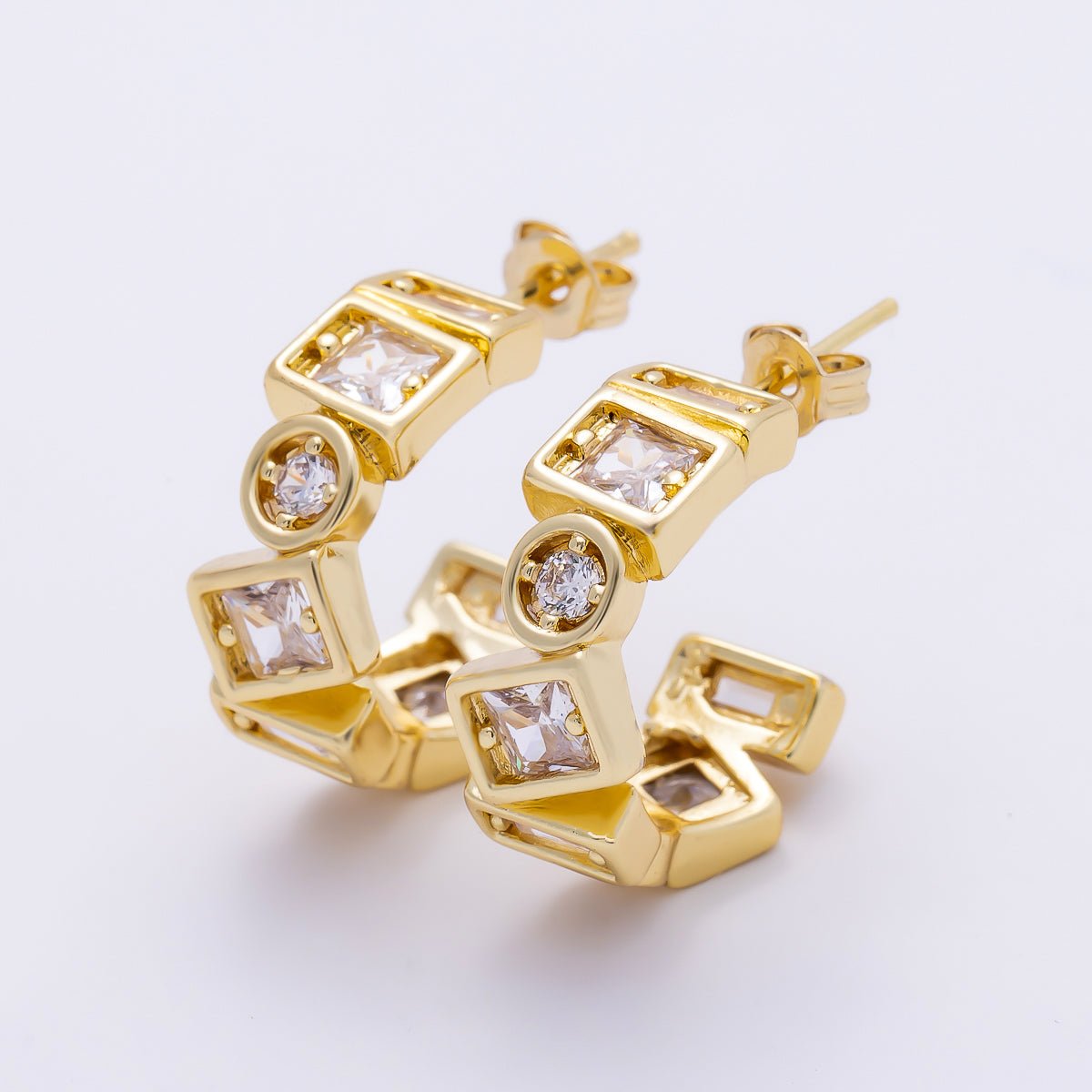 16K Gold Filled 20mm Clear CZ Multi Cut Geometric Bezel C-Shaped Hoop| Earrings-00711