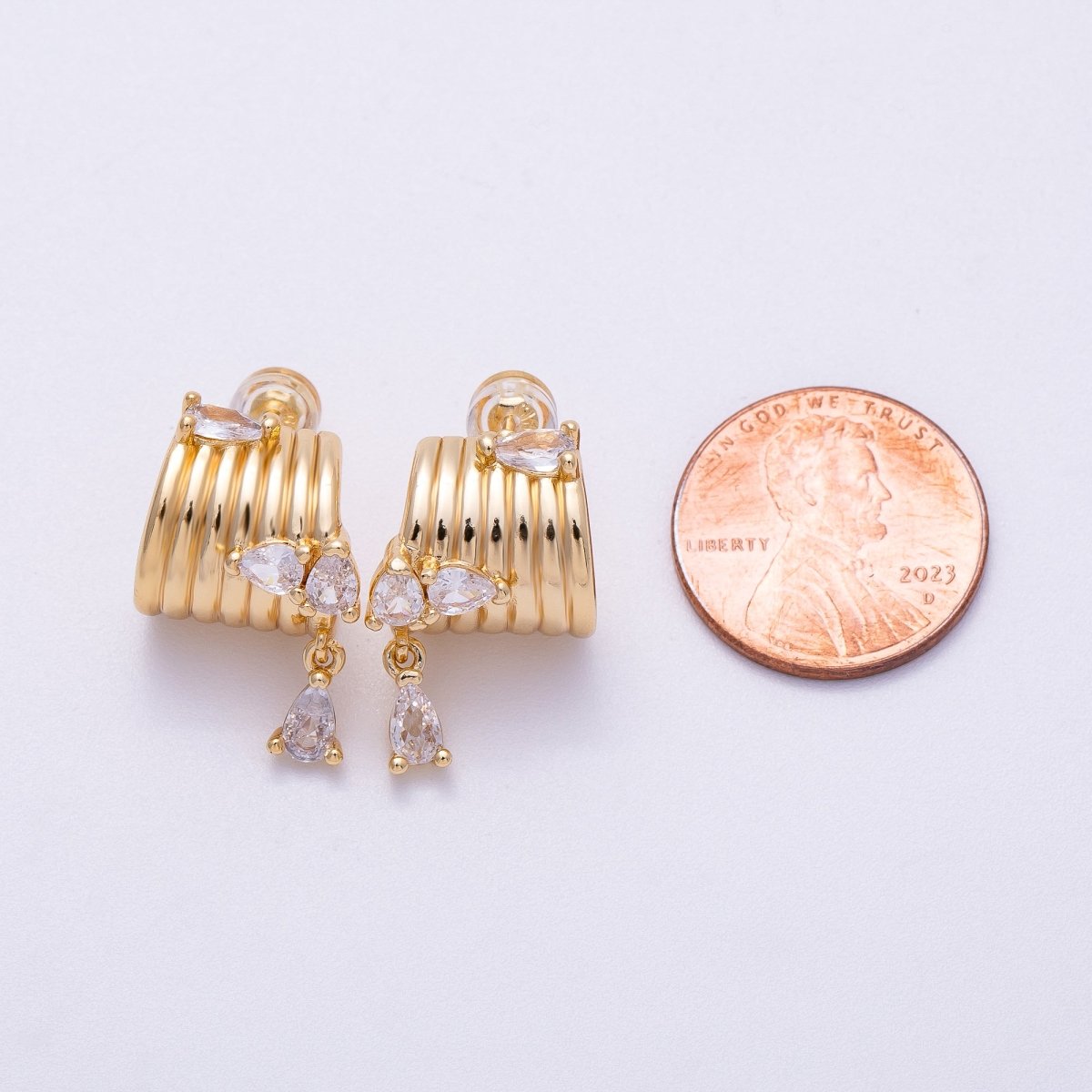 16K Gold Filled 20mm Clear Teardrop CZ Drop Wide Ribbed C-Shaped Hoop Earrings | Earrings-00324