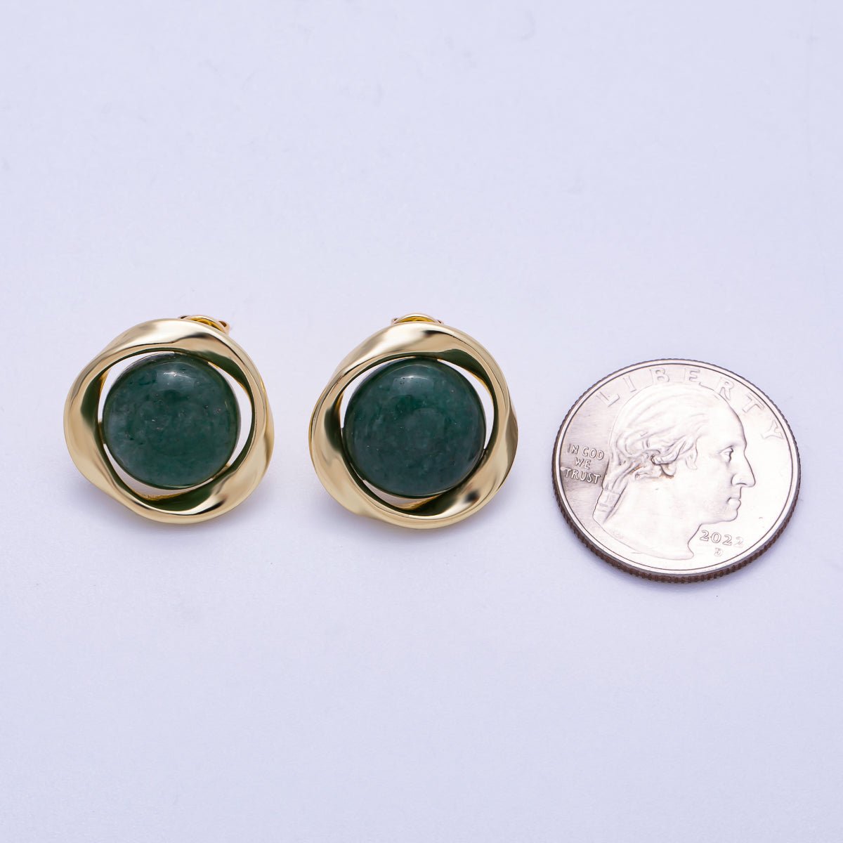 16K Gold Filled 20mm Green Aventurine Cabochon Gemstone Geometric Bezel Stud Earrings | Earrings-00330