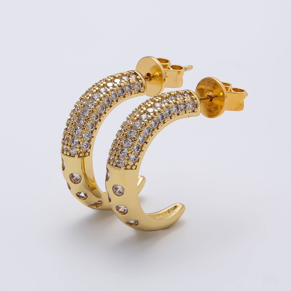 16K Gold Filled 20mm Micro Paved CZ Dotted C-Shaped Hoops Earrings | Earrings-00261