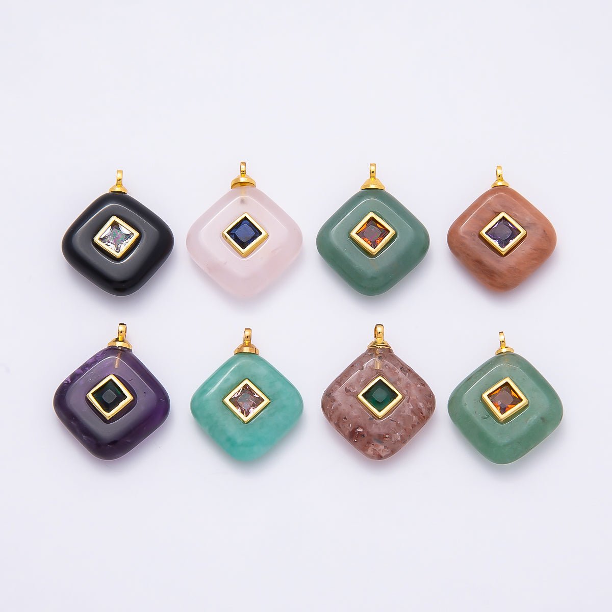 16K Gold Filled 20mm Multicolor CZ Embedded Gemstone Rhombus Pendant | Charms-01001 ~ Charms-01008