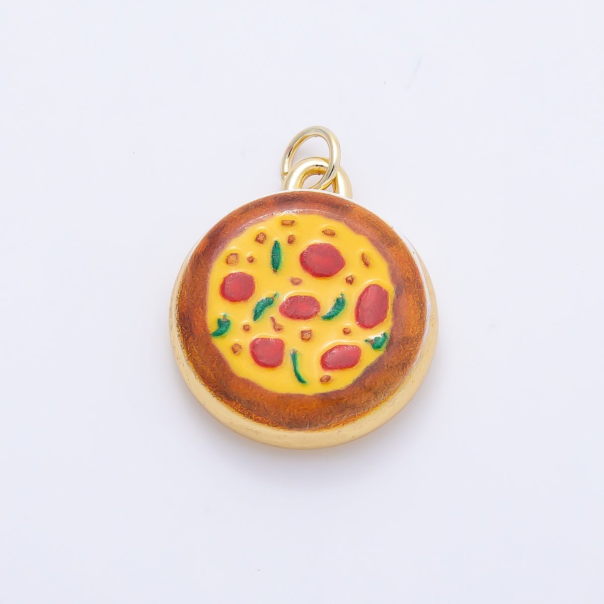 16K Gold Filled 20mm Pepperoni Pizza Enamel Round Charm | Charms-01243
