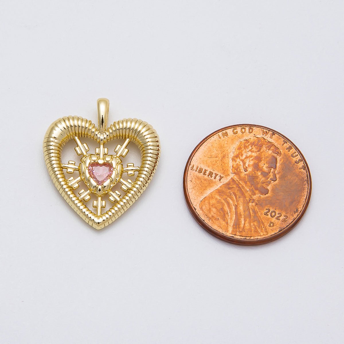 16K Gold Filled 20mm Pink CZ Ribbed Open Heart Pendant | Charms-00452