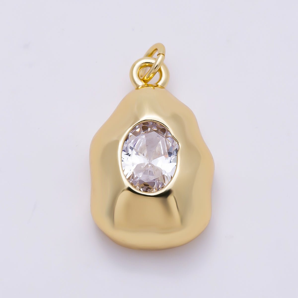 16K Gold Filled 21mm Clear CZ Oval Geometric Molten Bezel Chubby Charm | Charms-01359