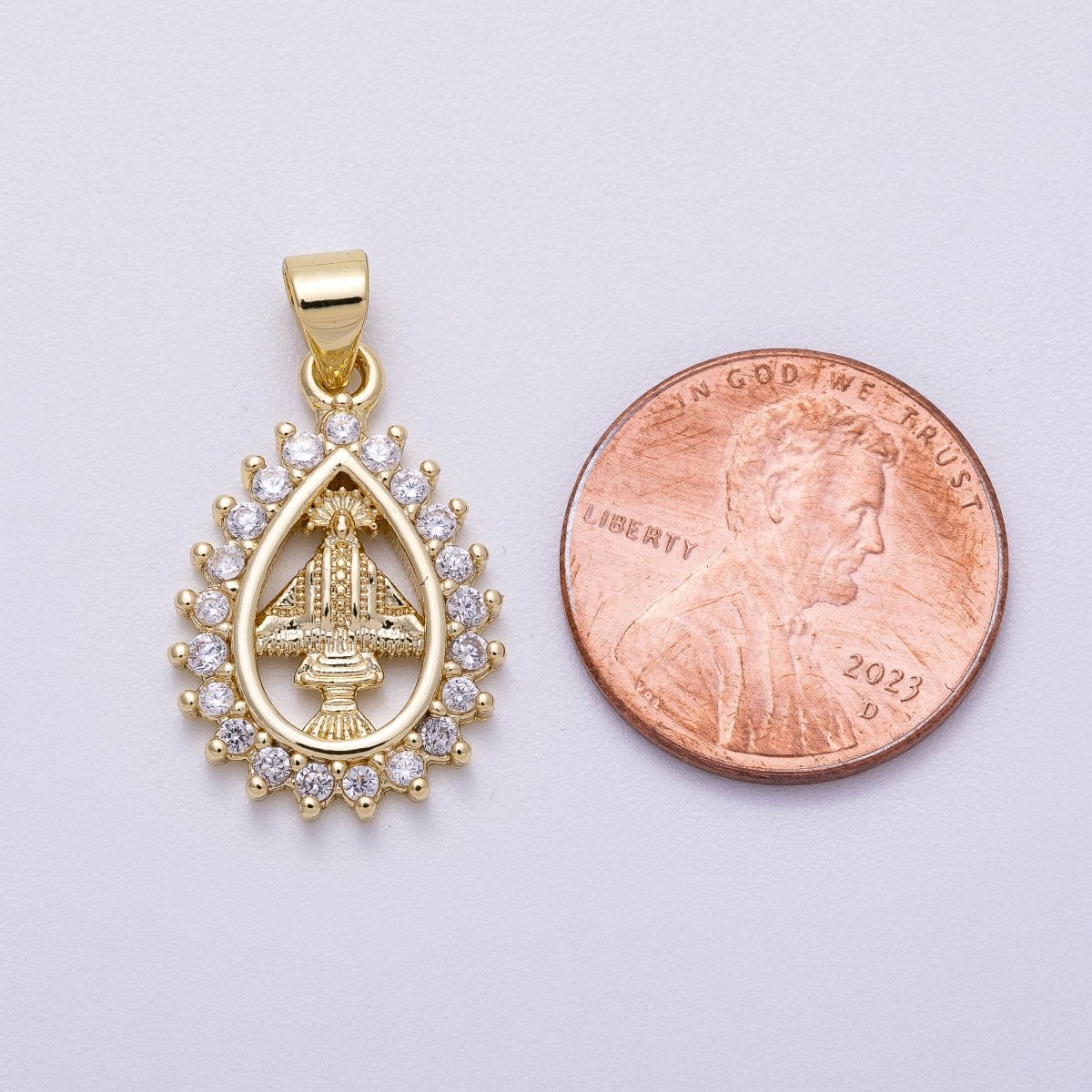 16K Gold Filled 21mm Micro Paved CZ Mother Mary Religious Open Teardrop Pendant | Charms-00566