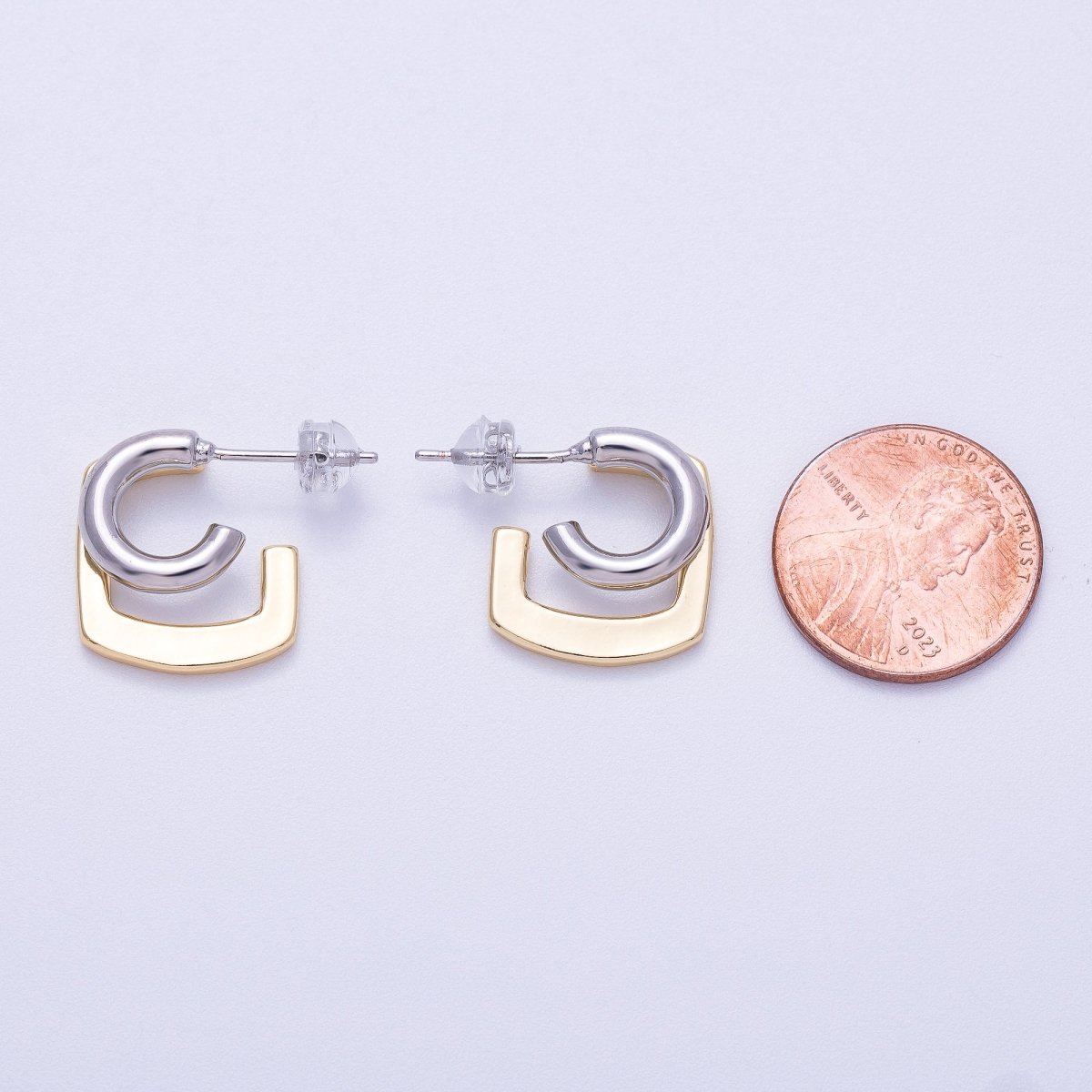 16K Gold Filled 21mm Mixed Metal Double Geometric C-Shaped Hoop Earrings | Earrings-00321