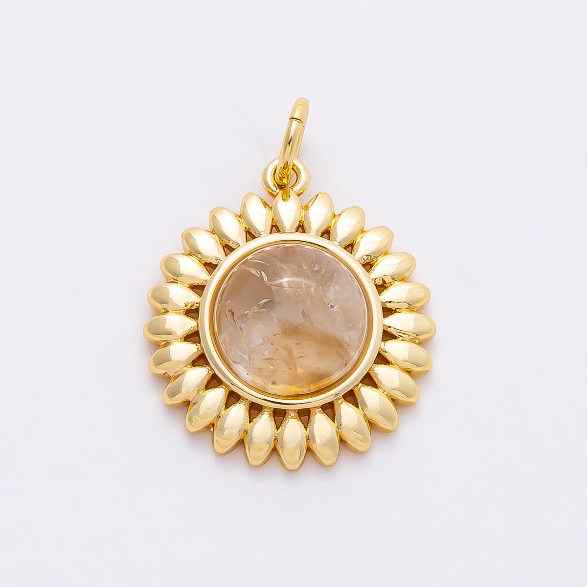 16K Gold Filled 21mm Moonstone Cabochon Gemstone Sunflower Charm | Charms-00765
