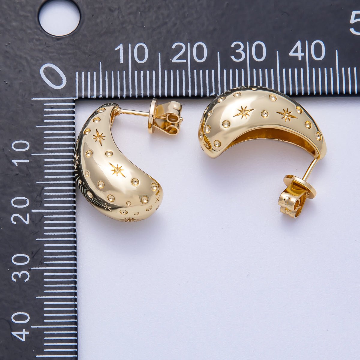 16K Gold Filled 22mm Celestial Star Dotted Textured Dome Teardrop Stud Earrings | Earrings-00322