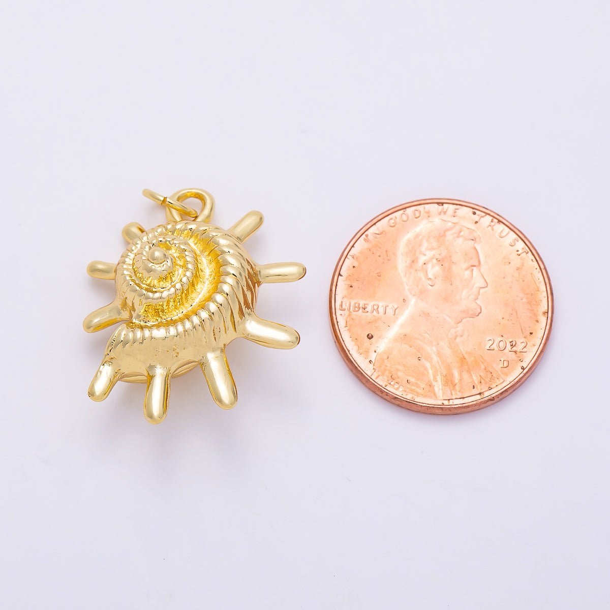 16K Gold Filled 22mm Ribbed Nautilus Seashell Sun Ray 3D Multidimensional Charm | Charms-01455