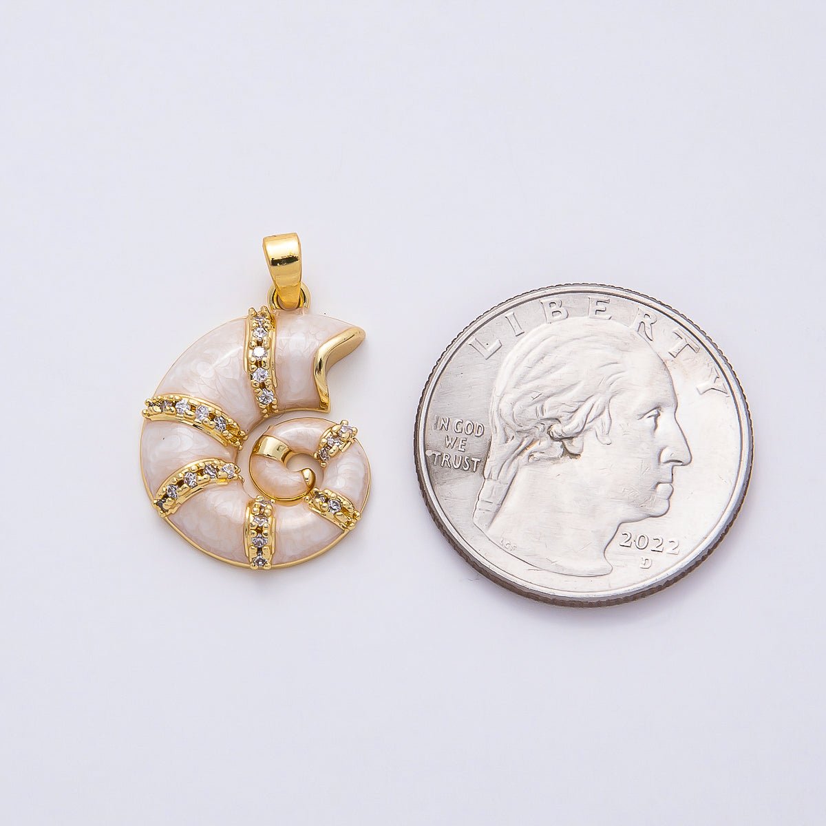 16K Gold Filled 22mm White Glitter Enamel Micro Paved CZ Conch Sea Shell Pendant | Charms-00771